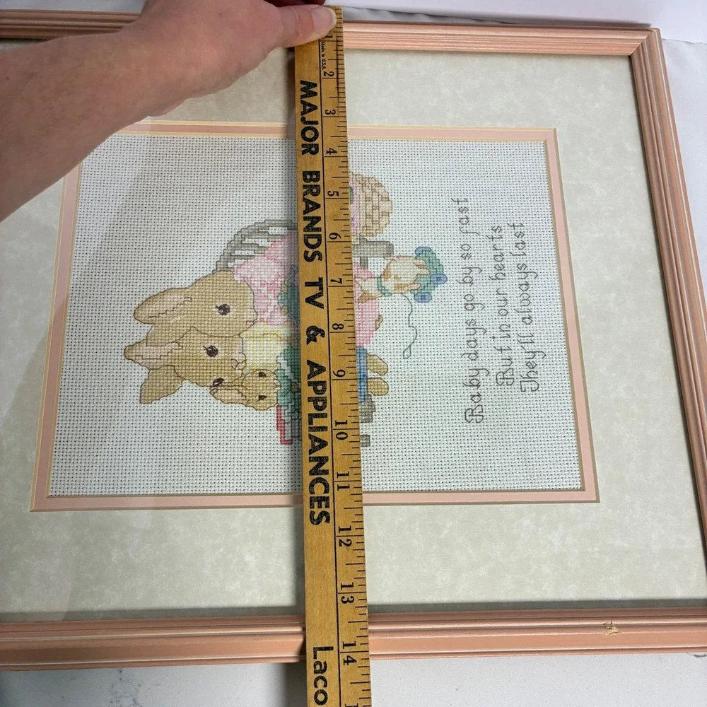 Handmade Framed Cross Stitch Nursery Art Bunny Family Baby Days Poem Cottage